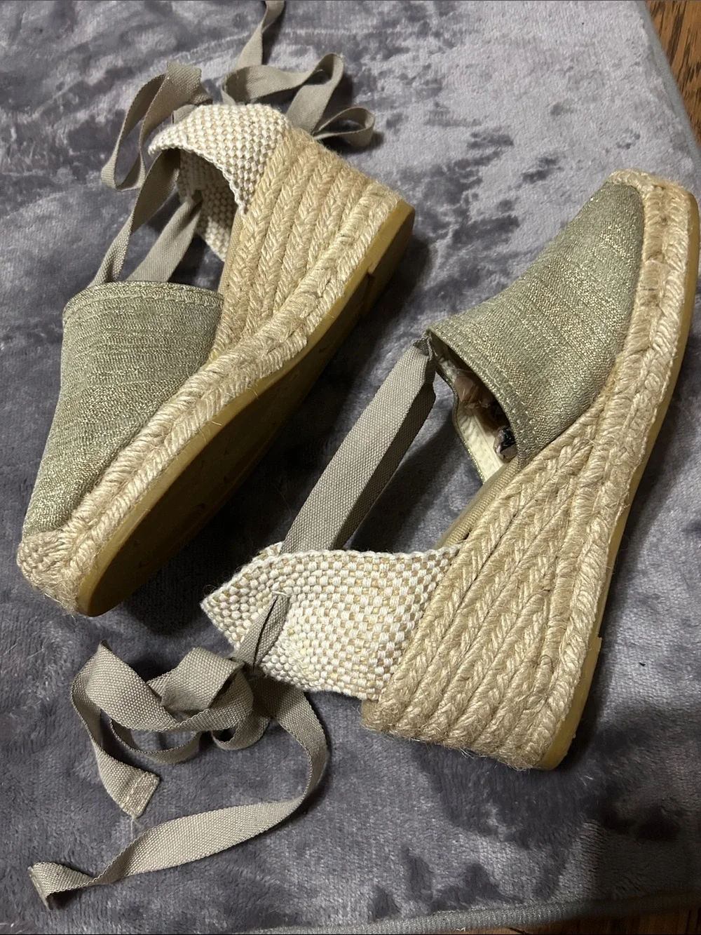 Viscata Espadrille canvas & tweed Wedge Sandals in Tan with Ankle Tie sz 35